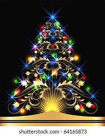 Christmas golden fur-tree with colorful lights