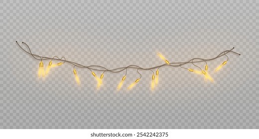 Christmas golden garland of bright lights isolated on transparent background. For New Year and holiday decoration.
