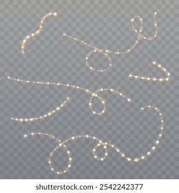 Christmas golden garland of bright lights isolated on transparent background. For New Year and holiday decoration.