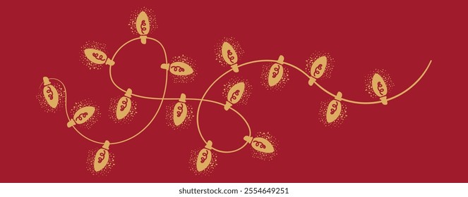 Christmas golden garland in trendy groovy retro style on red background. String of gold holiday lights. Happy New year and Merry Christmas pattern. 70s Vibes groovy garland. Vector Illustration.