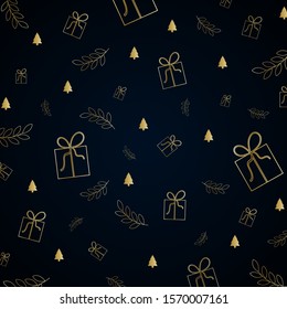 Christmas golden gift box pine tree and leaf pattern on dark blue gradient background