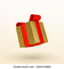 Christmas golden gift box with red ribbon bow. 3D Xmas realistic vector object. Sale banner, surprise poster and flyer. Mock up holiday template. Celebrate birthday, anniversary, wedding.