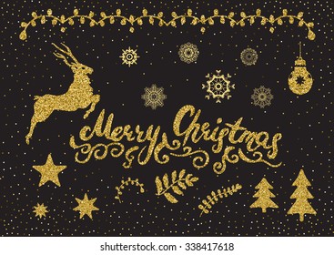Christmas golden glitter design elements set. Isolated on the abstract confetti background.