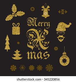 Christmas golden glitter design elements set on the black background. Isolated.