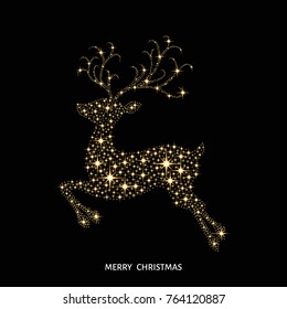 Christmas golden glowing  reindeer decorated with sparks.  Xmas greeting card with gold sparkling deer  on black background. Neon light  effect with stars. Vector template.