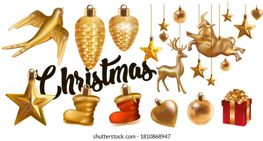 Christmas Golden hanging toy set. Realistic gold glittering stars, cones, bull, bird, deer, boot, ball, heart . Traditional festive Christmas eve New year celebration decoration design symbol vector.