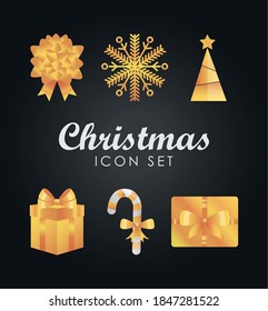 christmas golden icon set over black background, vector illustration