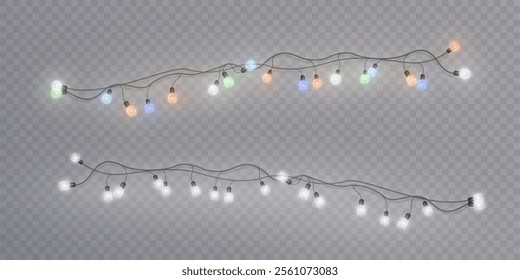Christmas golden lights bright garland isolated on transparent background. For new year and holiday decoration.