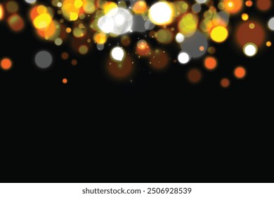 Navidades de luces doradas. Luces bokeh de oro brillante desenfocadas sobre un fondo oscuro. Ilustración vectorial