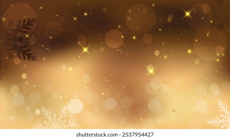 Christmas golden lights with glitter and snowflake. Vector illustraion abstract background of bright glowing bokeh on dark brown background.