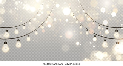 Christmas golden lights. Glowing garlands on a transparent background.