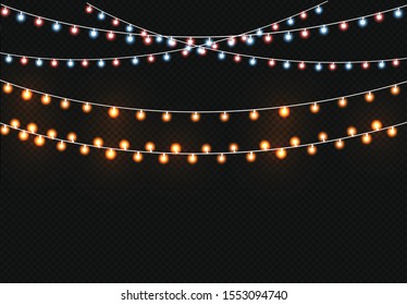 Christmas golden lights isolated on dark background. Christmas luminous garland. Vector illustration
