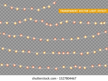 Christmas golden lights isolated realistic design elements. Glowing lights for Xmas Holiday Garlands decorations.
