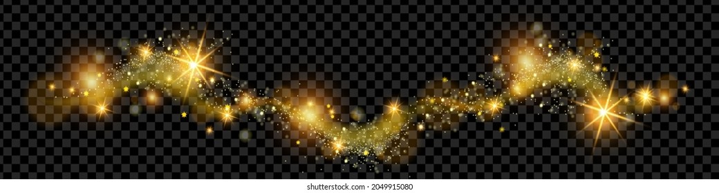 Christmas golden magic dust, shine glitter wave on transparent background, holiday sparkling stars. X-mas bright yellow swirl, New Year shiny spray, galaxy sky. Fairy lights, magic dust illustration