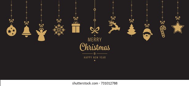 Christmas Golden Ornament Elements Hanging Black Background