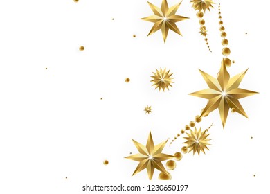 Christmas golden ornaments on white and gold background. Hanging shiny balls, stars. Frame for festive vector posters, headers, banners. Winter season sparkling decorations on a rope.