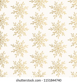 Christmas golden pattern with elegant snowflakes. Seasonal vector ornament. Foil texture.