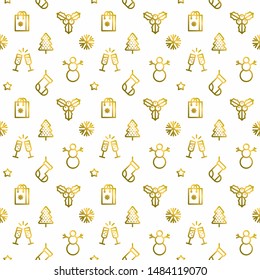 Christmas golden pattern. Vector winter holydays icons on white background. New Year seamless wrapping paper.  