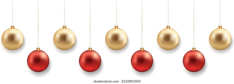 Bolas douradas e vermelhas de Natal com sombra no fundo transparente. Brinquedos de Natal. Luxo pendurado bugigangas com fita. Elementos de design de brilho festivo. Ilustração vetorial EPS 10