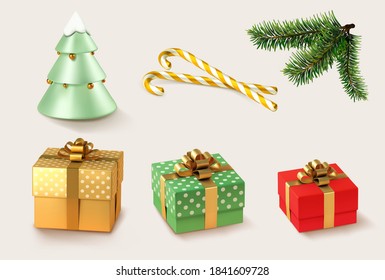 Christmas golden and red gifts with Christmas caramel and Christmas tree and branches. 3d realistic vector icon set