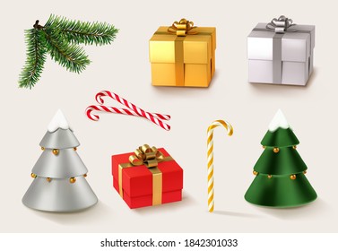 Christmas golden and red gifts with Christmas caramel and Christmas tree and branches. 3d realistic vector icon set