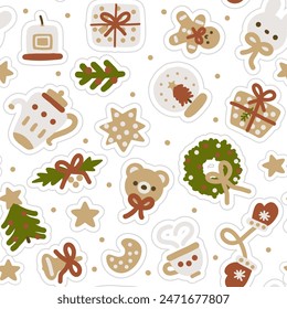 Christmas golden and red seamless pattern with pine trees and bunny, teddy bears