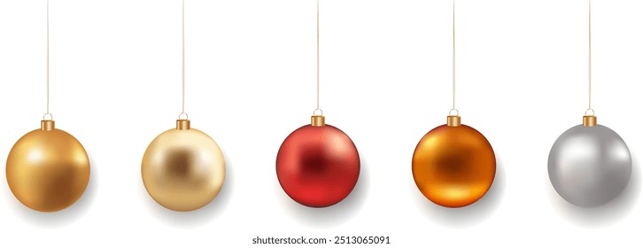 Christmas golden, red and silver balls with shadow on transparent background. Christmas toys. Luxurious hanging trinkets with ribbon. Festive glitter design elements. Vector illustration EPS 10