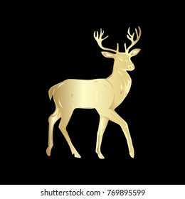 Christmas golden reindeer silhouette isolated on black background. Vector illustration.