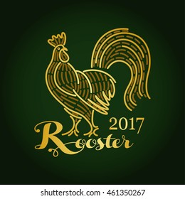 Christmas golden rooster on a dark green background vector stylized linear design new year