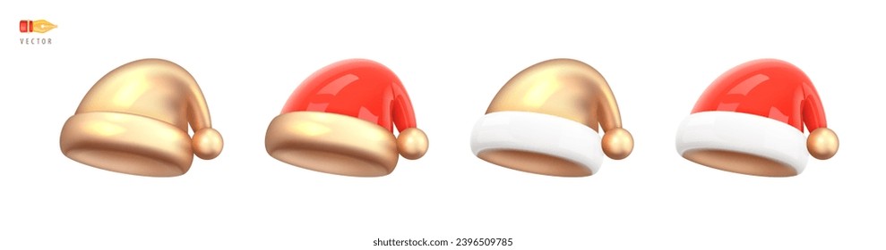 Christmas Golden Santa Claus Hat. Variations with red and white components. Christmas Conceptual Symbol. Realistic 3d mocup design element. Objects isolated on white background. 3D Vector illustration