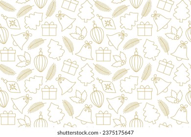 christmas golden seamless pattern with fir branches, bell, baubles, christmas tree, gift and holly berry icons - vector illustration