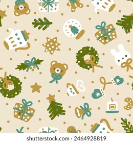 Christmas golden seamless pattern with pine trees and bunny, teddy bears