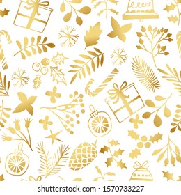 Christmas golden seamless pattern. Winter Holiday gold background