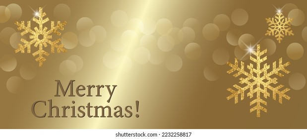 Christmas golden shining background with gold snowflakes and blur light. Luxury vector illustration for cover design, flyer, poster, banner. Holiday bokeh backdrop. Merry Christmas! Happy New Year!