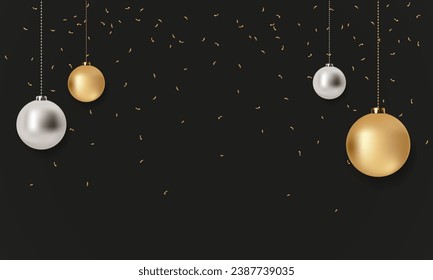 Christmas golden and silver balls and falling confetti on a black background. Golden realistic Christmas toys. Luxurious hanging trinkets with ribbon. Festive glitter design elements