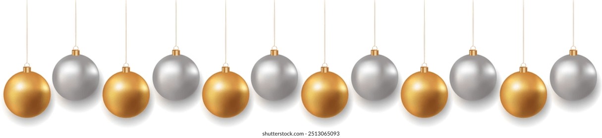 Bolas douradas e prateadas de Natal com sombra sobre fundo transparente. Brinquedos de Natal. Luxo pendurado bugigangas com fita. Elementos de design de brilho festivo. Ilustração vetorial EPS 10