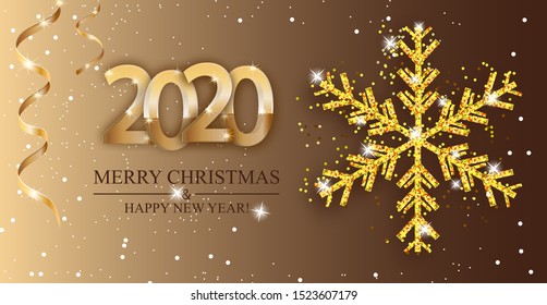 Christmas golden and silver decoration. Happy New Year red background with deer and snowflakes. Template for greeting card, banner or poster. Vector illustration.