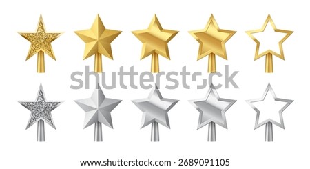 Christmas golden and silver tree topper set vector illustration. Realistic 3D silver and gold star decorations. Decorative traditional top of Xmas pine tree in winter season isolated on transparent.