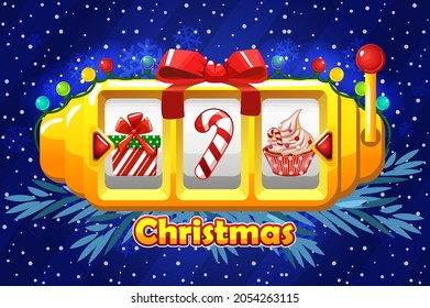 Christmas golden slot machine with garland, jackpot gift, gambling.