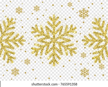 Christmas golden snowflake decoration of gold glitter shine on white transparent background template. Vector glittering shine sparkles of sparkling snow flake star for Christmas or New Year design