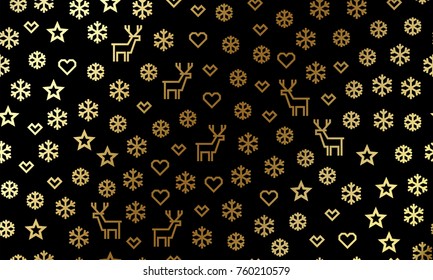 Christmas golden snowflake and deer pattern background for winter holiday or New Year greeting card design. Vector seamless snowfall of gold reindeer, star and golden snow glitter on black background