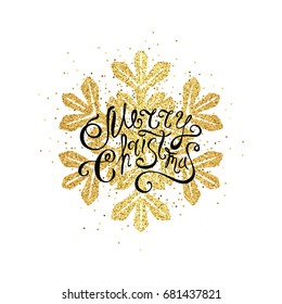 Christmas golden snowflake with a holiday wishes, drawn in the ornamental way. Decoration element with lettering text for greeting cards or banners.