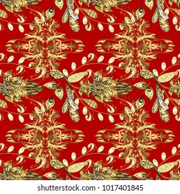 Christmas golden snowflake seamless pattern. Symbol holiday, New Year celebration vector golden pattern. Golden snowflakes on red and yellow colors. Winter snow texture wallpaper.