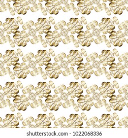 Christmas golden snowflake seamless pattern. Symbol holiday, New Year celebration vector golden pattern. Golden snowflakes on white and yellow colors. Winter snow texture wallpaper.