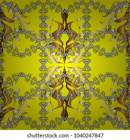 Christmas golden snowflake seamless pattern. Golden snowflakes on yellow, white and brown colors. Winter snow texture wallpaper. Symbol holiday, New Year celebration vector golden pattern.