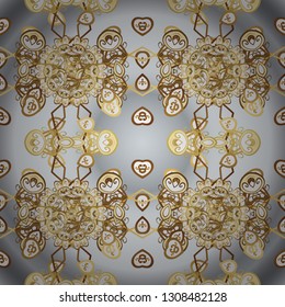 Christmas golden snowflake seamless pattern. Golden snowflakes on gray and neutral colors. Winter snow texture wallpaper. Symbol holiday, New Year celebration vector golden pattern.