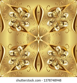 Christmas golden snowflake seamless pattern. Winter snow texture wallpaper. Golden snowflakes on yellow and beige colors. Symbol holiday, New Year celebration vector golden pattern.