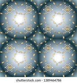 Christmas golden snowflake seamless pattern. Symbol holiday, New Year celebration vector golden pattern. Golden snowflakes on neutral and blue colors. Winter snow texture wallpaper.