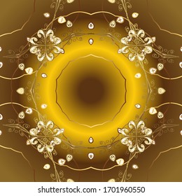 Christmas golden snowflake seamless pattern. Golden snowflakes on brown and yellow colors. Symbol holiday, New Year celebration vector golden pattern. Winter snow texture wallpaper.