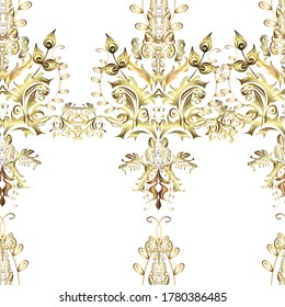 Christmas golden snowflake seamless pattern. Winter snow texture wallpaper. Symbol holiday, New Year celebration vector golden pattern. Golden snowflakes on neutral and white colors.